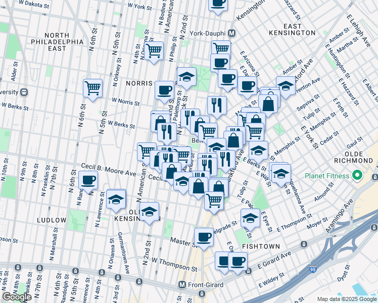map of restaurants, bars, coffee shops, grocery stores, and more near 1821 North Mascher Street in Philadelphia