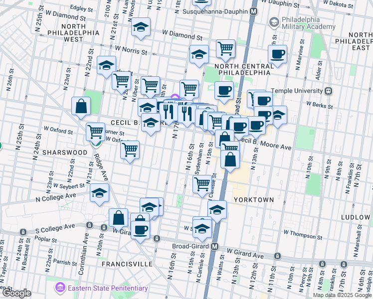 map of restaurants, bars, coffee shops, grocery stores, and more near 1609 West Oxford Street in Philadelphia