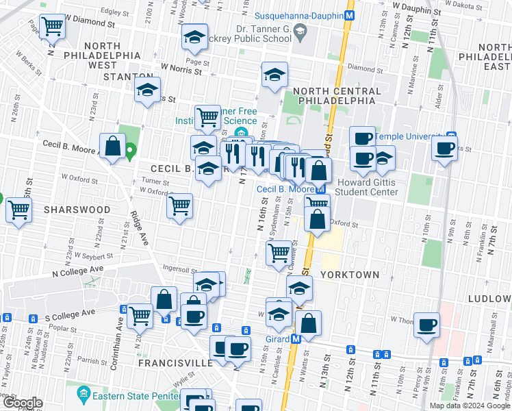 map of restaurants, bars, coffee shops, grocery stores, and more near 1609 West Oxford Street in Philadelphia