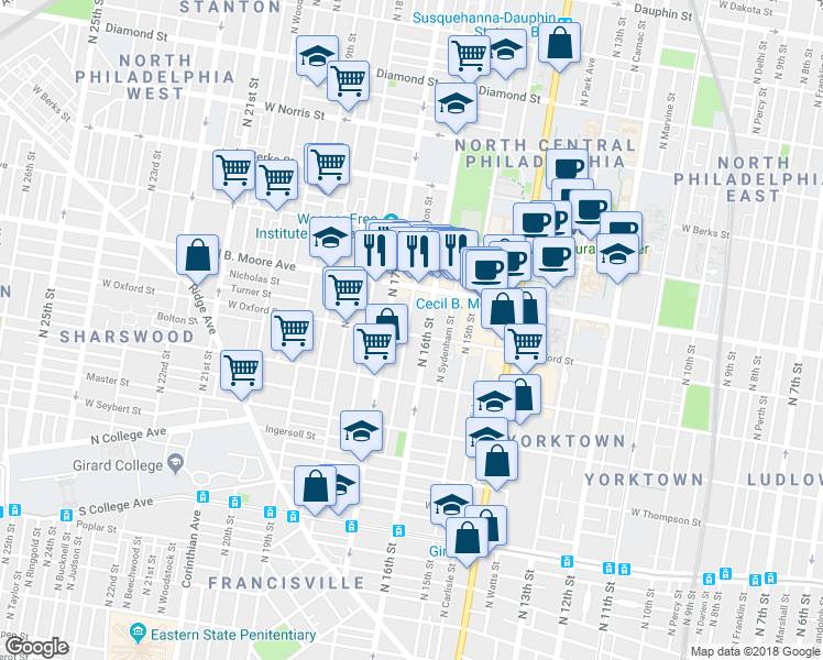 map of restaurants, bars, coffee shops, grocery stores, and more near 1609 West Oxford Street in Philadelphia