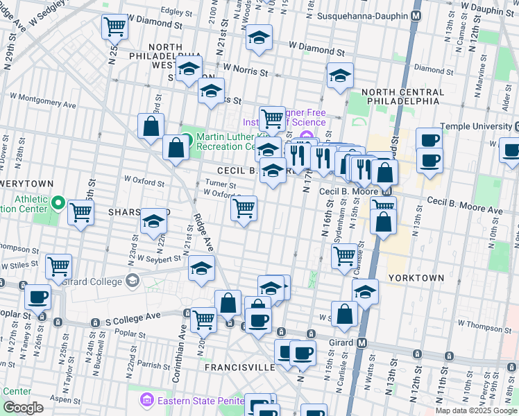 map of restaurants, bars, coffee shops, grocery stores, and more near 1540 North 18th Street in Philadelphia