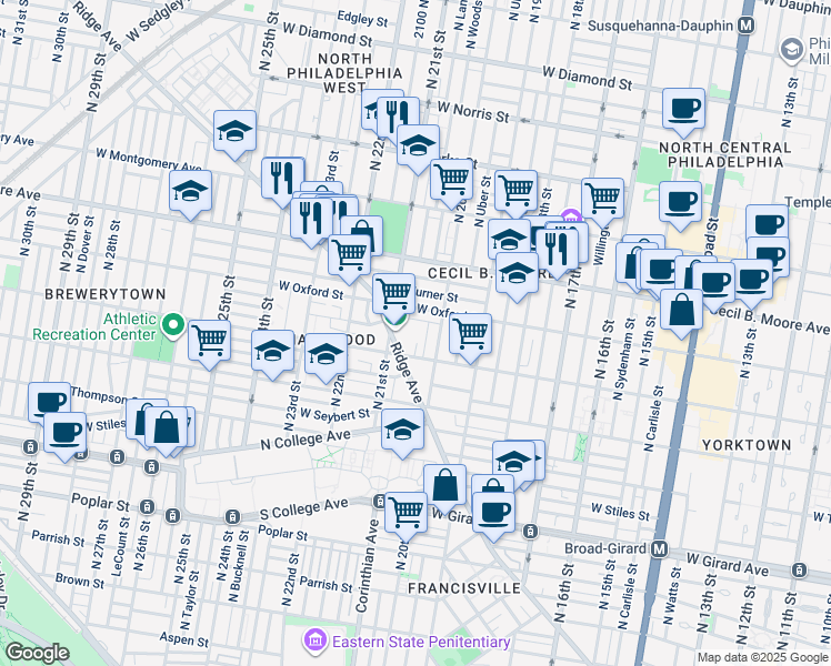 map of restaurants, bars, coffee shops, grocery stores, and more near 1509 North 21st Street in Philadelphia