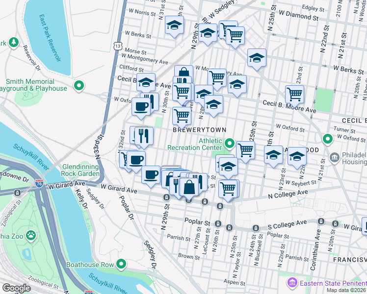 map of restaurants, bars, coffee shops, grocery stores, and more near in Philadelphia