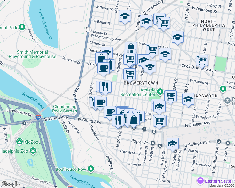map of restaurants, bars, coffee shops, grocery stores, and more near 1406 North 30th Street in Philadelphia