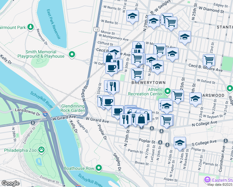 map of restaurants, bars, coffee shops, grocery stores, and more near 1406 North 30th Street in Philadelphia