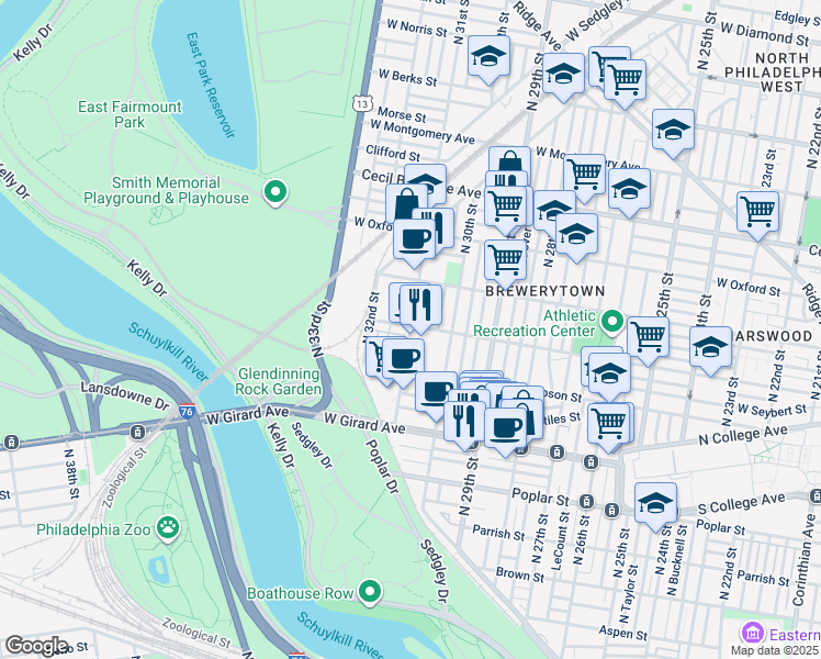 map of restaurants, bars, coffee shops, grocery stores, and more near 1336 North 31st Street in Philadelphia