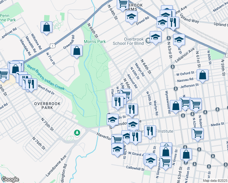 map of restaurants, bars, coffee shops, grocery stores, and more near 1031 Flanders Road in Philadelphia