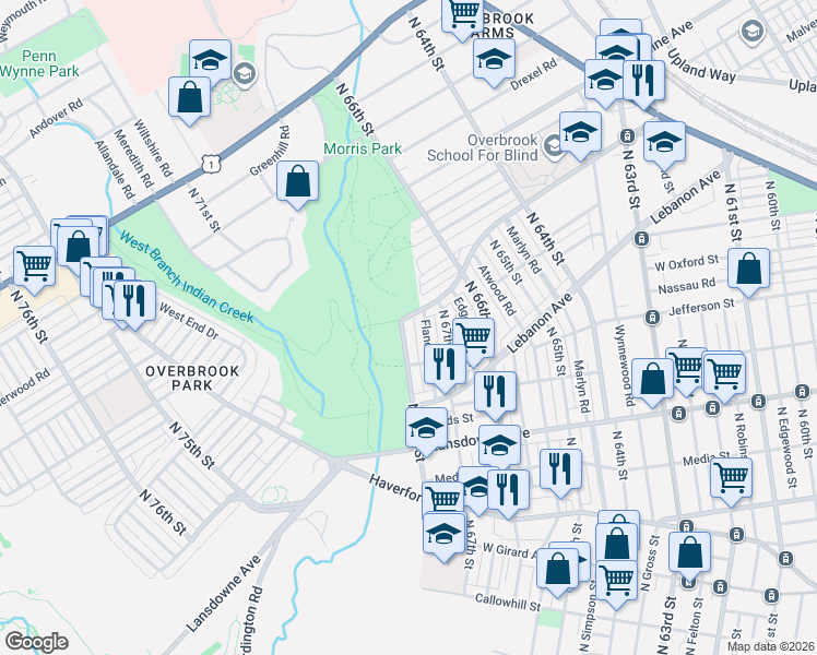 map of restaurants, bars, coffee shops, grocery stores, and more near 1031 Flanders Road in Philadelphia