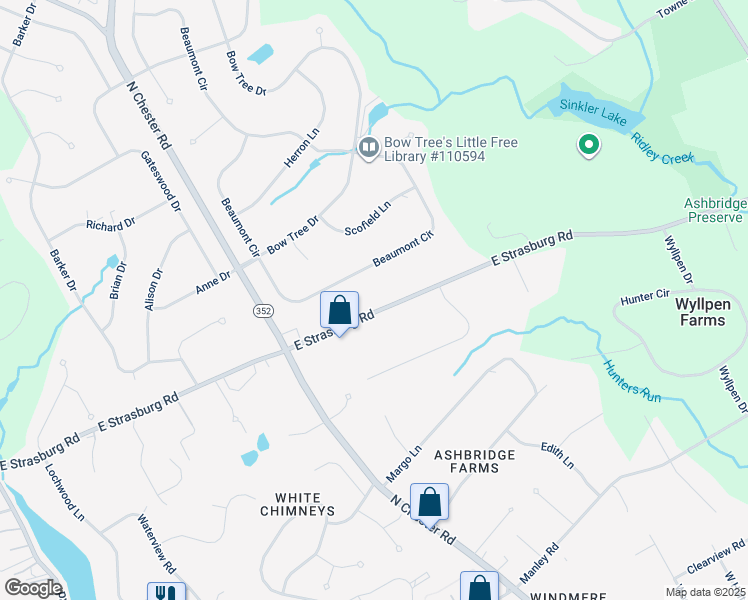 map of restaurants, bars, coffee shops, grocery stores, and more near 1619 East Strasburg Road in West Chester