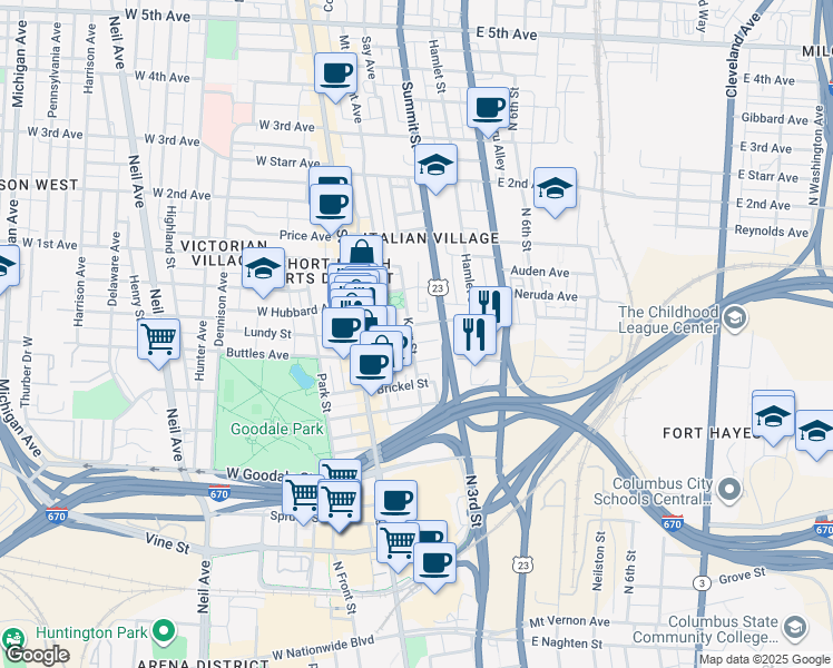 map of restaurants, bars, coffee shops, grocery stores, and more near 97 Warren Street in Columbus