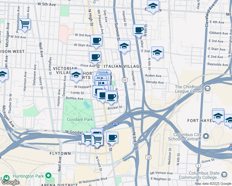 map of restaurants, bars, coffee shops, grocery stores, and more near in Columbus