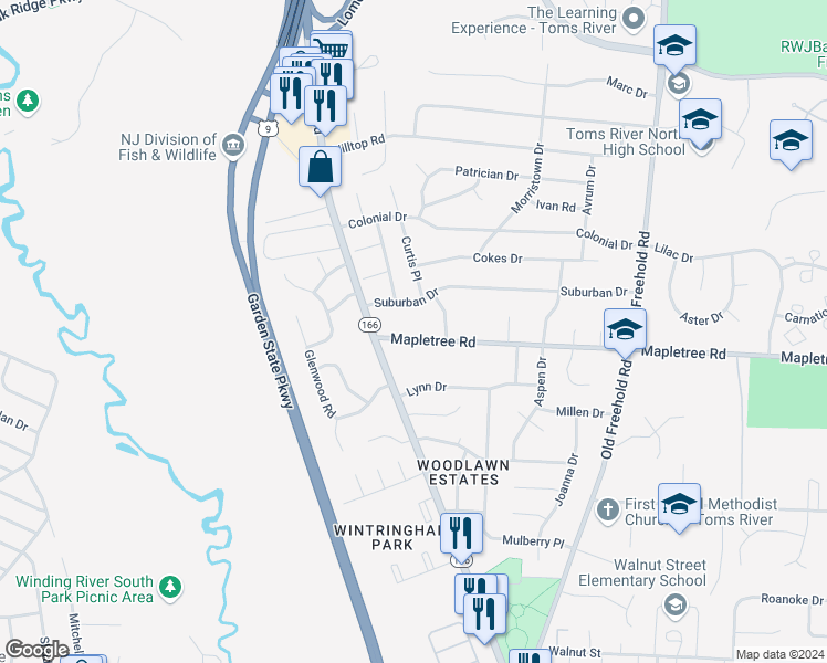 map of restaurants, bars, coffee shops, grocery stores, and more near 14 Mapletree Road in Toms River