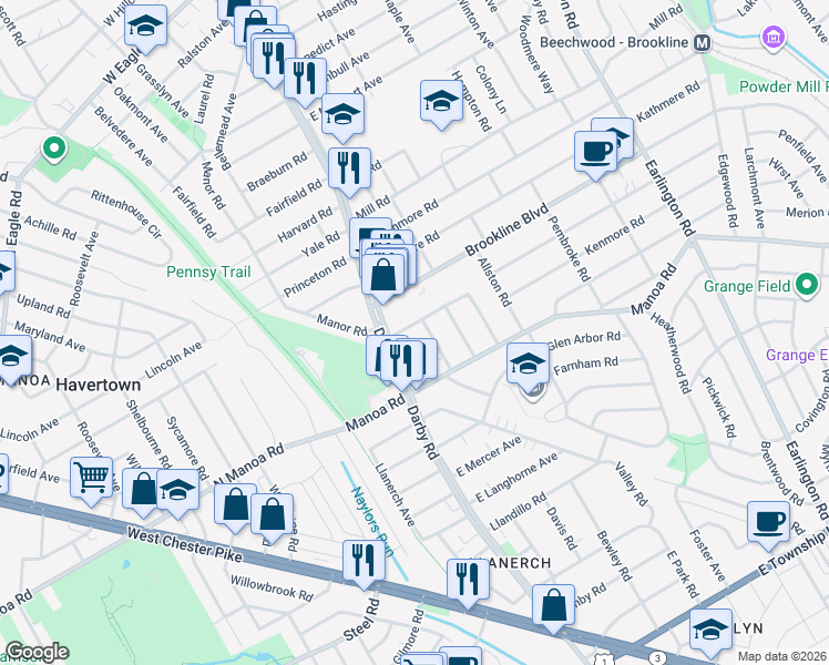 map of restaurants, bars, coffee shops, grocery stores, and more near 5 Pennsylvania Avenue in Havertown