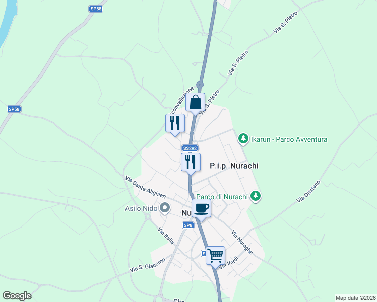 map of restaurants, bars, coffee shops, grocery stores, and more near 25 Strada Statale 292 Nord Occidentale Sarda in Nurachi