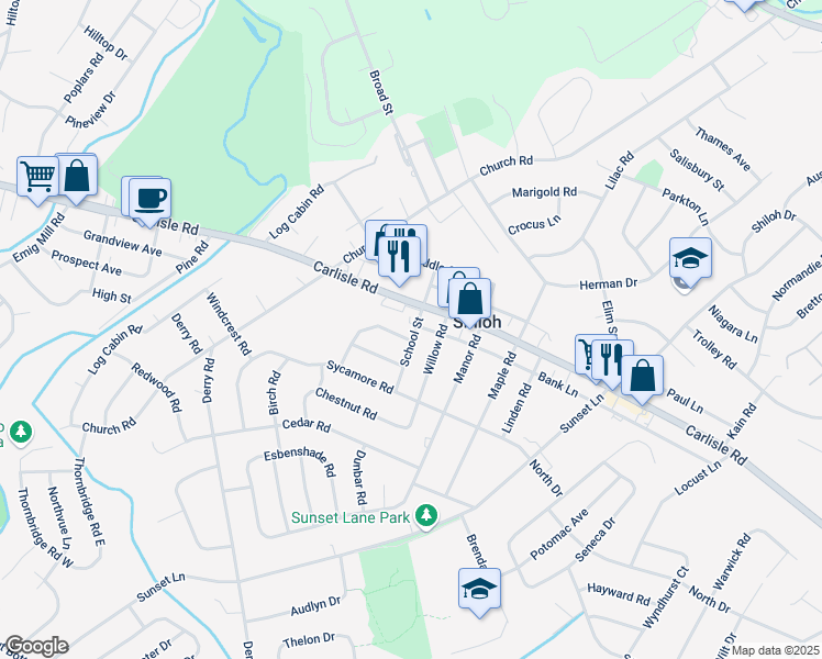 map of restaurants, bars, coffee shops, grocery stores, and more near 2225 School Street in Shiloh