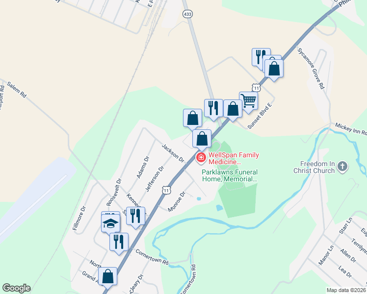 map of restaurants, bars, coffee shops, grocery stores, and more near 3360 Landmark Court in Chambersburg