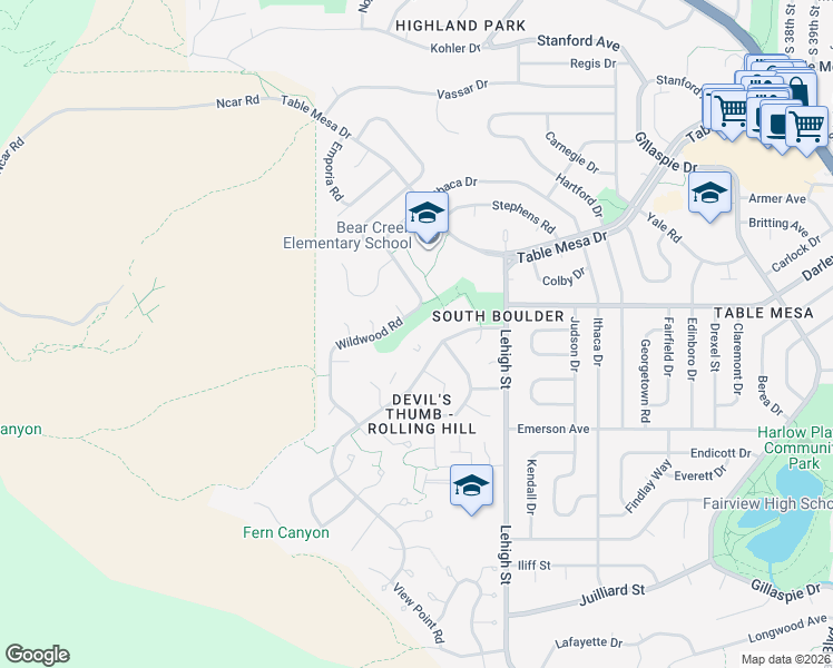 map of restaurants, bars, coffee shops, grocery stores, and more near 1285 Bear Mountain Drive in Boulder