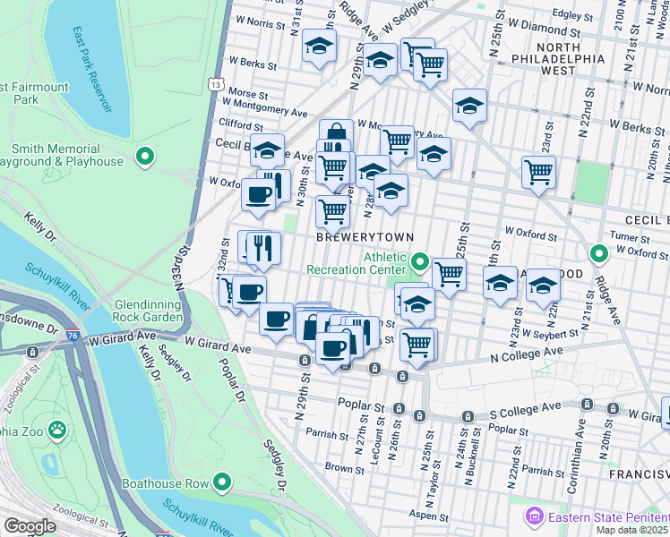 map of restaurants, bars, coffee shops, grocery stores, and more near in Philadelphia