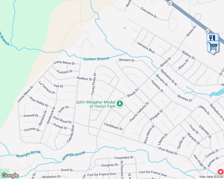 map of restaurants, bars, coffee shops, grocery stores, and more near 57 Encinitas Drive in Toms River