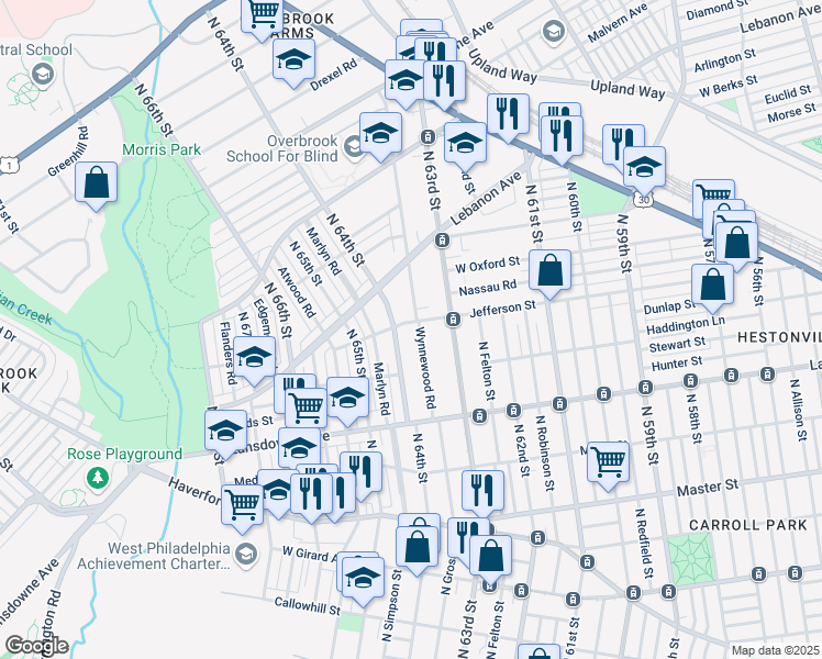 map of restaurants, bars, coffee shops, grocery stores, and more near 878 Wynnewood Road in Philadelphia