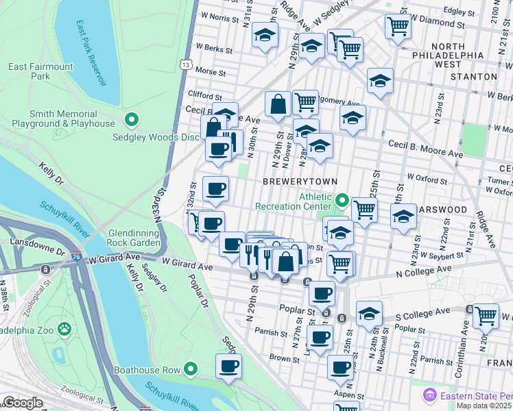 map of restaurants, bars, coffee shops, grocery stores, and more near 1408 North Hollywood Street in Philadelphia