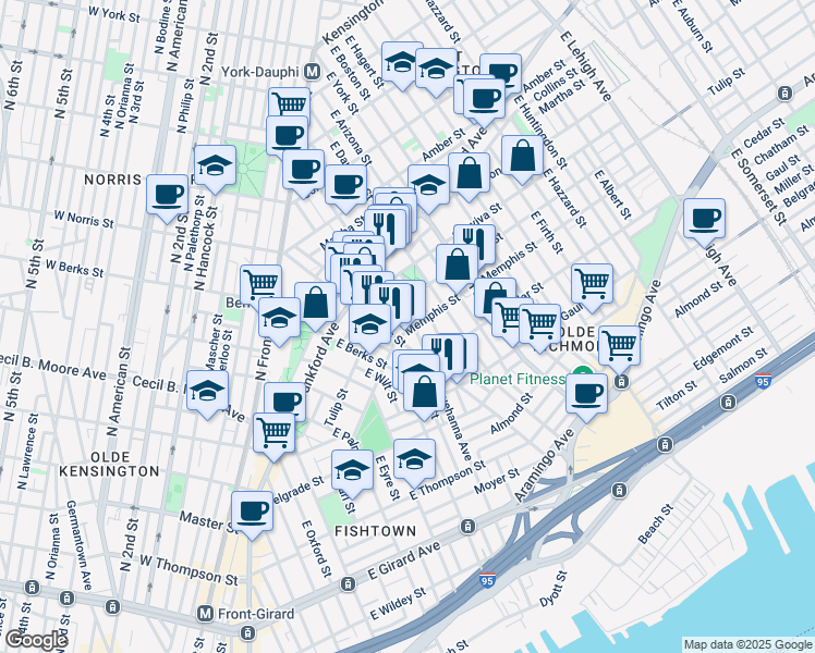 map of restaurants, bars, coffee shops, grocery stores, and more near 2324 East Susquehanna Avenue in Philadelphia