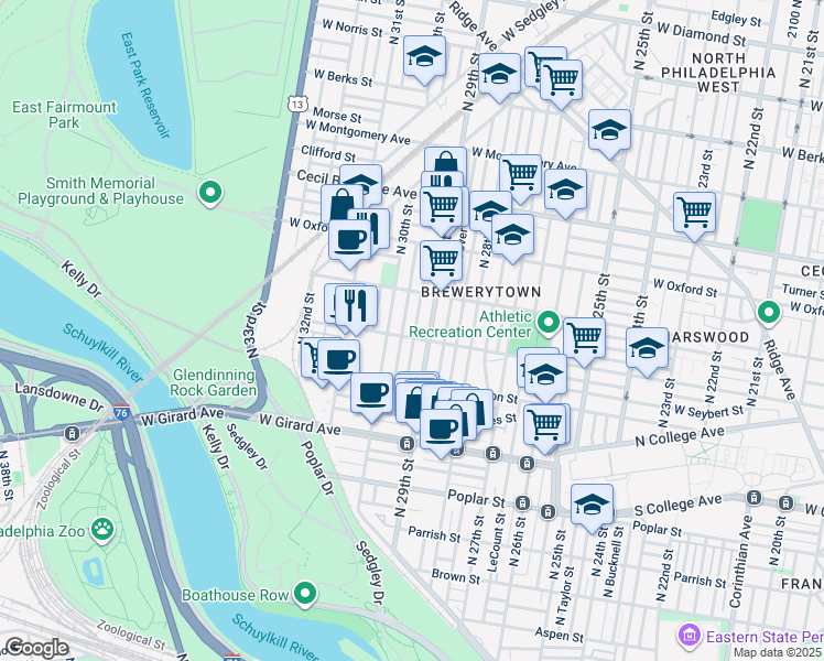 map of restaurants, bars, coffee shops, grocery stores, and more near 1408 North Hollywood Street in Philadelphia