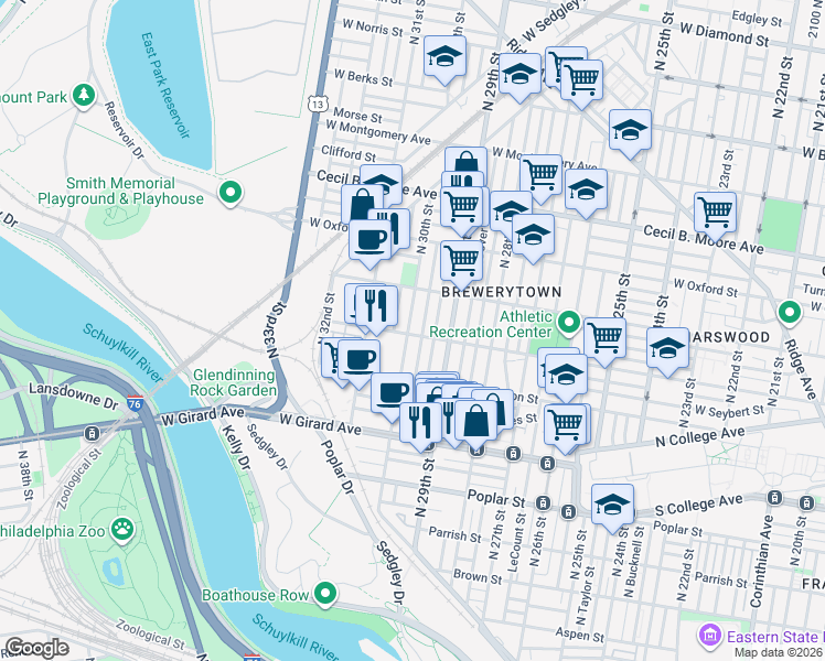 map of restaurants, bars, coffee shops, grocery stores, and more near 2941 Master Street in Philadelphia