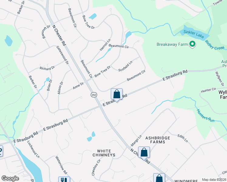 map of restaurants, bars, coffee shops, grocery stores, and more near 418 Beaumont Circle in West Chester