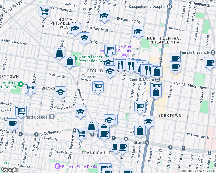 map of restaurants, bars, coffee shops, grocery stores, and more near 1541 North Gratz Street in Philadelphia