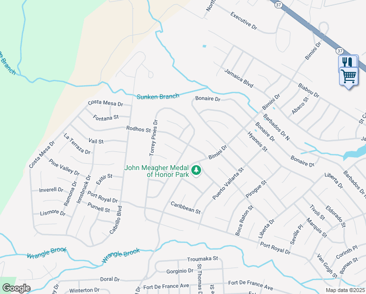 map of restaurants, bars, coffee shops, grocery stores, and more near 57 Encinitas Drive in Toms River