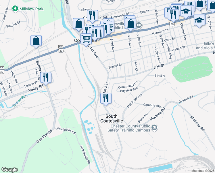 map of restaurants, bars, coffee shops, grocery stores, and more near 333 South 1st Avenue in Coatesville