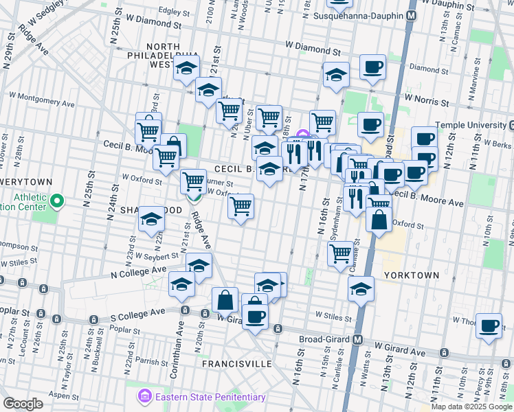 map of restaurants, bars, coffee shops, grocery stores, and more near 1538 North Gratz Street in Philadelphia