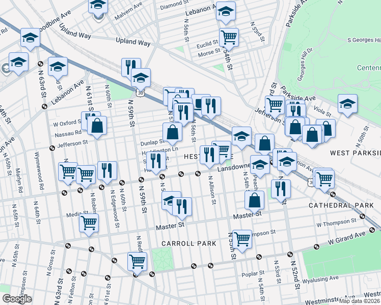 map of restaurants, bars, coffee shops, grocery stores, and more near 5601 Stewart Street in Philadelphia