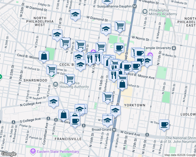 map of restaurants, bars, coffee shops, grocery stores, and more near 1609 West Oxford Street in Philadelphia