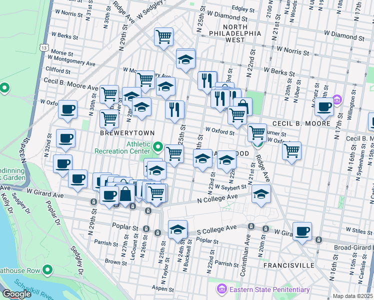 map of restaurants, bars, coffee shops, grocery stores, and more near 2430 West Jefferson Street in Philadelphia