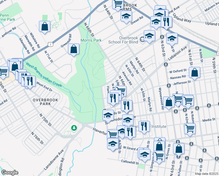 map of restaurants, bars, coffee shops, grocery stores, and more near 1031 Flanders Road in Philadelphia