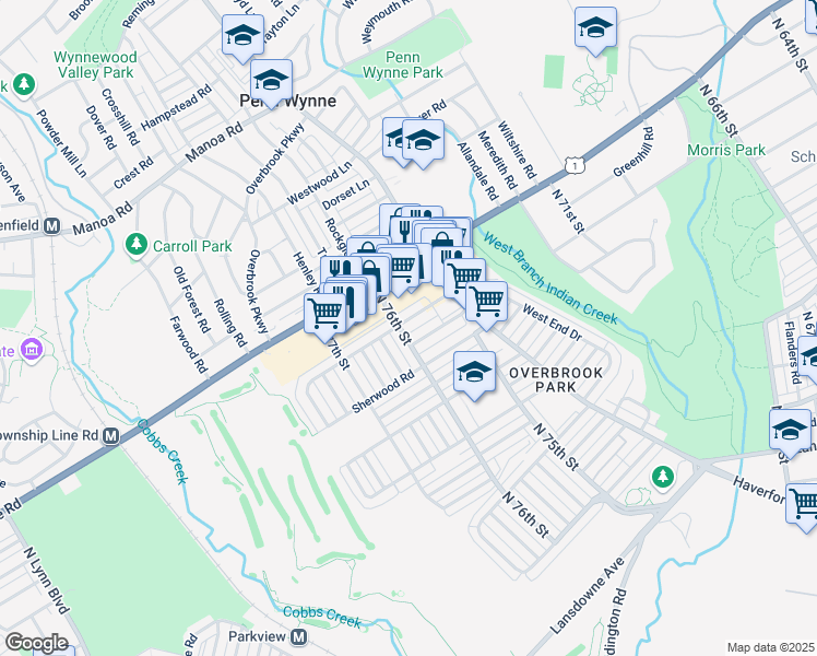 map of restaurants, bars, coffee shops, grocery stores, and more near 7556 Overbrook Ave in Philadelphia