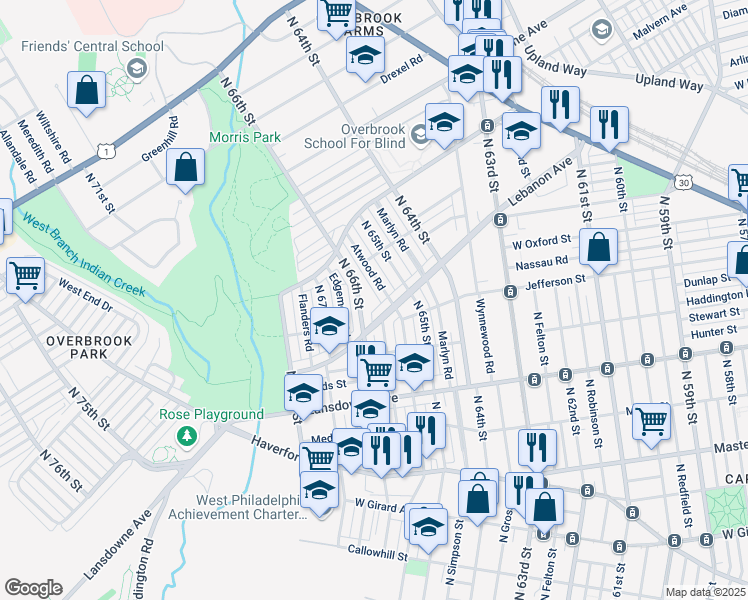 map of restaurants, bars, coffee shops, grocery stores, and more near 935 North 66th Street in Philadelphia