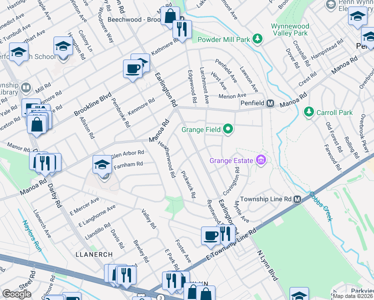 map of restaurants, bars, coffee shops, grocery stores, and more near 405 Brentwood Road in Havertown