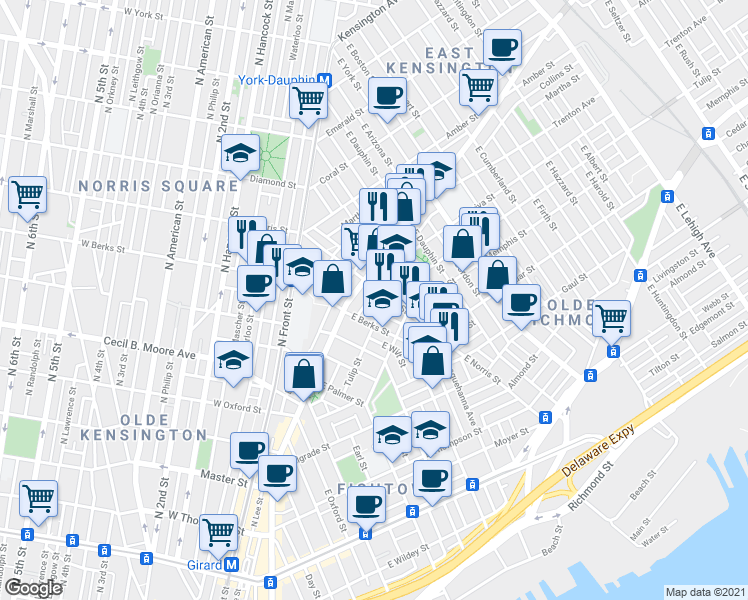 map of restaurants, bars, coffee shops, grocery stores, and more near 1859 Sepviva Street in Philadelphia