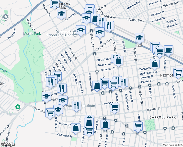 map of restaurants, bars, coffee shops, grocery stores, and more near 877 Wynnewood Road in Philadelphia