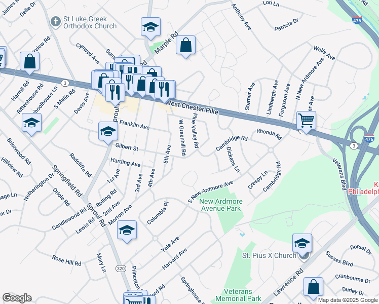 map of restaurants, bars, coffee shops, grocery stores, and more near 44 South Greenhill Road in Broomall