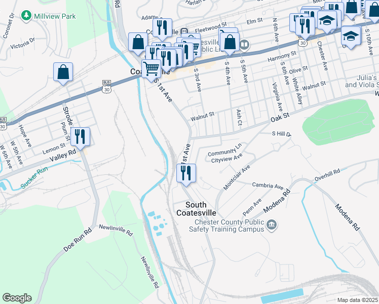 map of restaurants, bars, coffee shops, grocery stores, and more near 333 South 1st Avenue in Coatesville