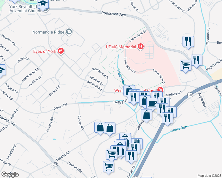 map of restaurants, bars, coffee shops, grocery stores, and more near 1690 Kenneth Road in Shiloh