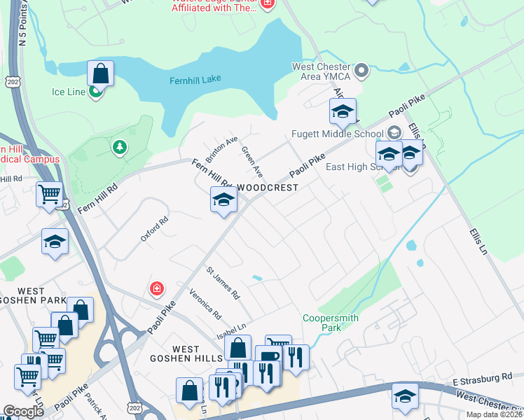 map of restaurants, bars, coffee shops, grocery stores, and more near 551 Fernhill Road in West Chester