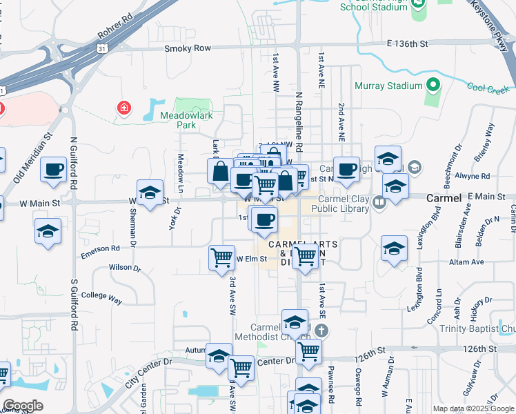 map of restaurants, bars, coffee shops, grocery stores, and more near 39 Monon Boulevard in Carmel