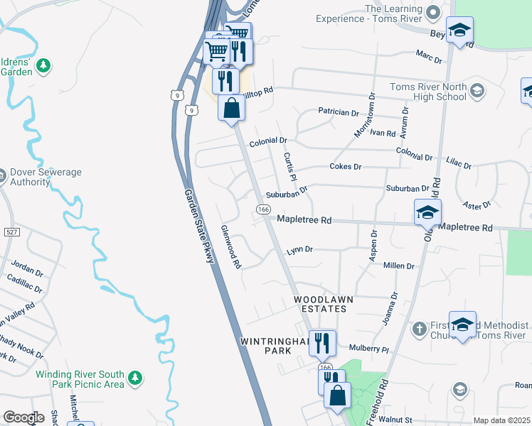 map of restaurants, bars, coffee shops, grocery stores, and more near 1131 Lakewood Road in Toms River