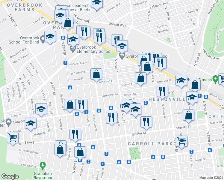 map of restaurants, bars, coffee shops, grocery stores, and more near 1720 North Redfield Street in Philadelphia
