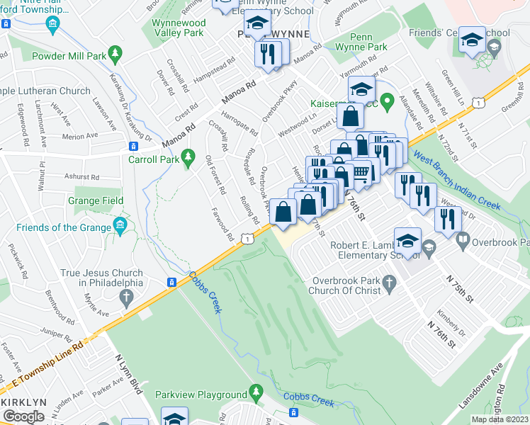 map of restaurants, bars, coffee shops, grocery stores, and more near 6 Overbrook Parkway in Wynnewood